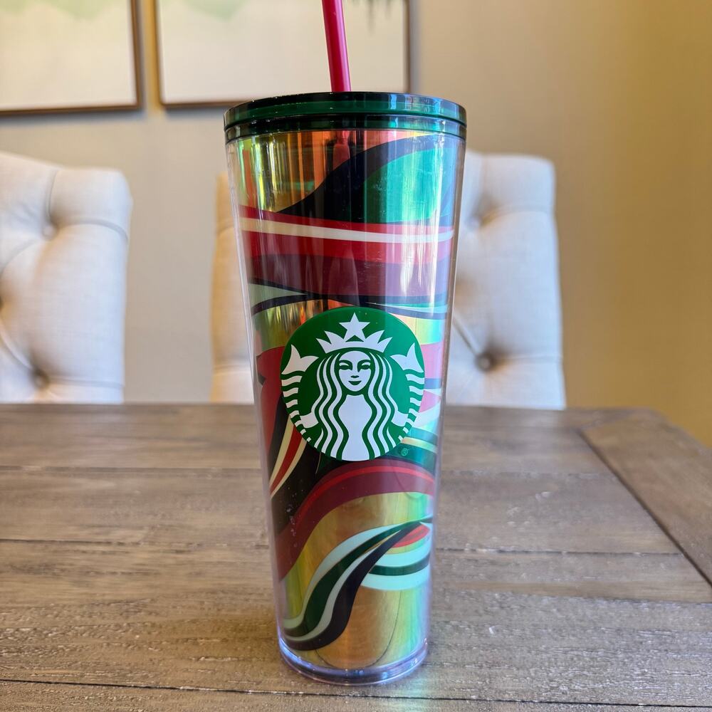Starbucks 2021 Winter Holiday Multi Color Swirl 240z Cold Plastic Cup Straw NEW